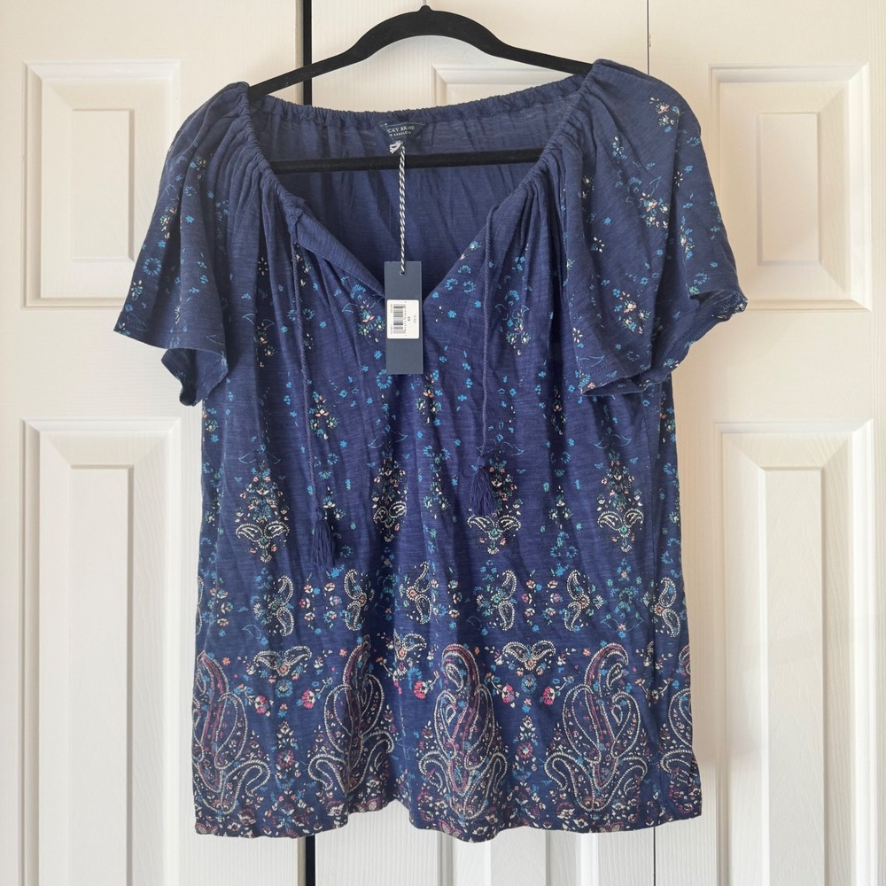 NWT Lucky Brand Womens Navy Blue Floral Paisley Top Tassel Boho Blouse XS